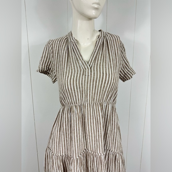 Cynthia Rowley Sz Small Tiered Striped Linen Blend Midi Dress Casual Short Sleev - Picture 2 of 11